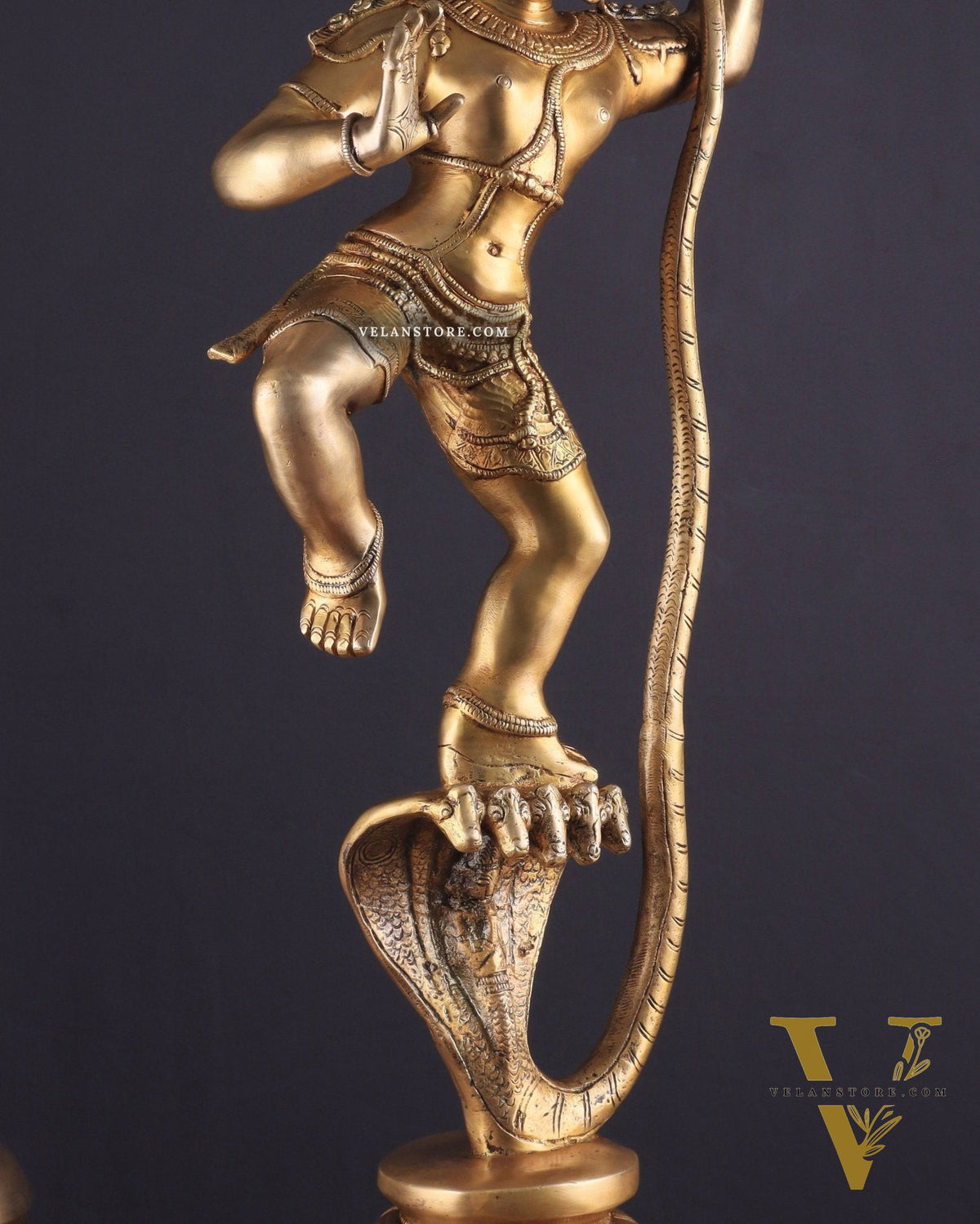 Pure Brass Large Lord Krishna Dancing on Kaliya Naag (Kalinga Narthana Krishna) Sculpture 29"