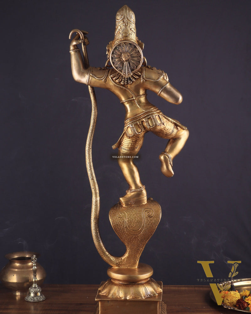 Pure Brass Large Lord Krishna Dancing on Kaliya Naag (Kalinga Narthana Krishna) Sculpture 29"