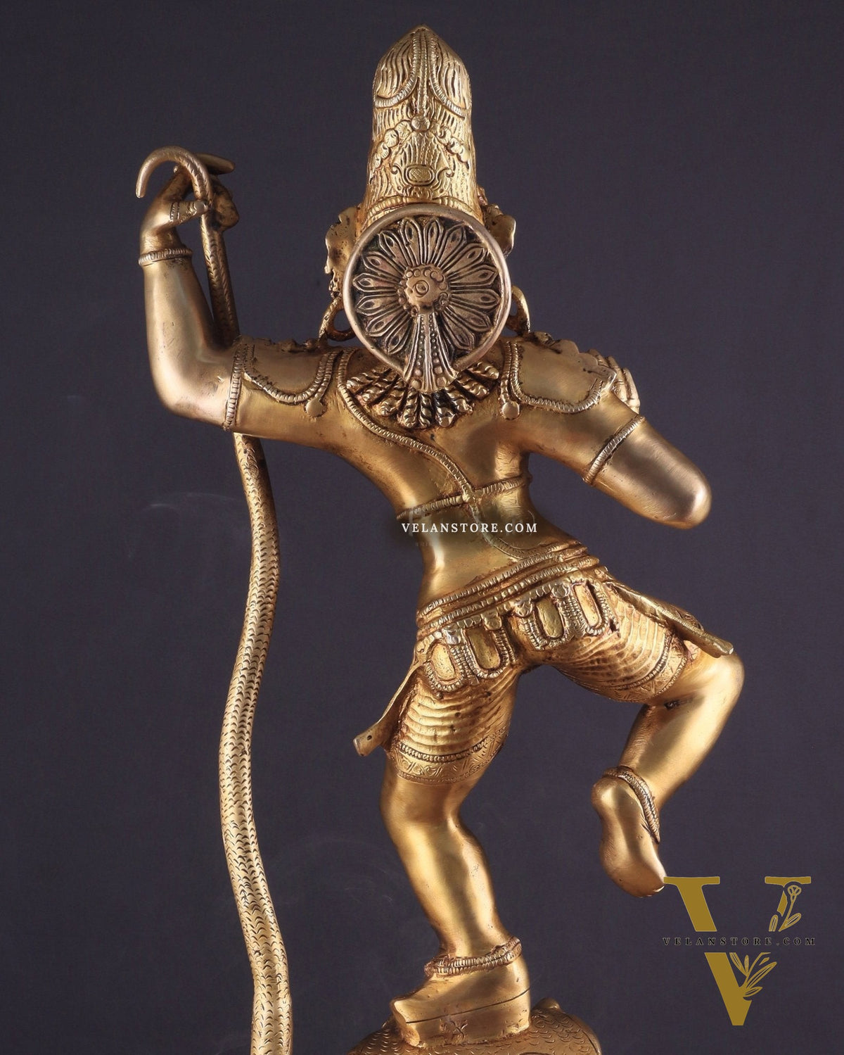 Pure Brass Large Lord Krishna Dancing on Kaliya Naag (Kalinga Narthana Krishna) Sculpture 29"