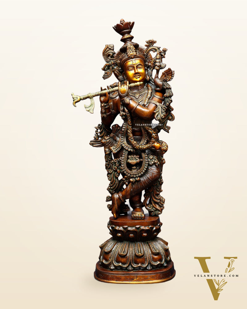 Pure Brass Large Lord Krishna Sculpture – Chola Style 36"