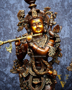 Pure Brass Large Lord Krishna Sculpture – Chola Style 36"