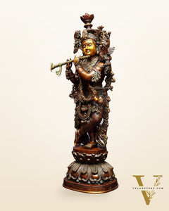 Pure Brass Large Lord Krishna Sculpture – Chola Style 36"