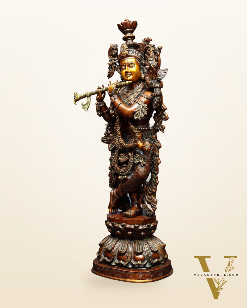 Pure Brass Large Lord Krishna Sculpture – Chola Style 36"