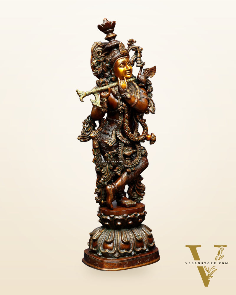 Pure Brass Large Lord Krishna Sculpture – Chola Style 36"