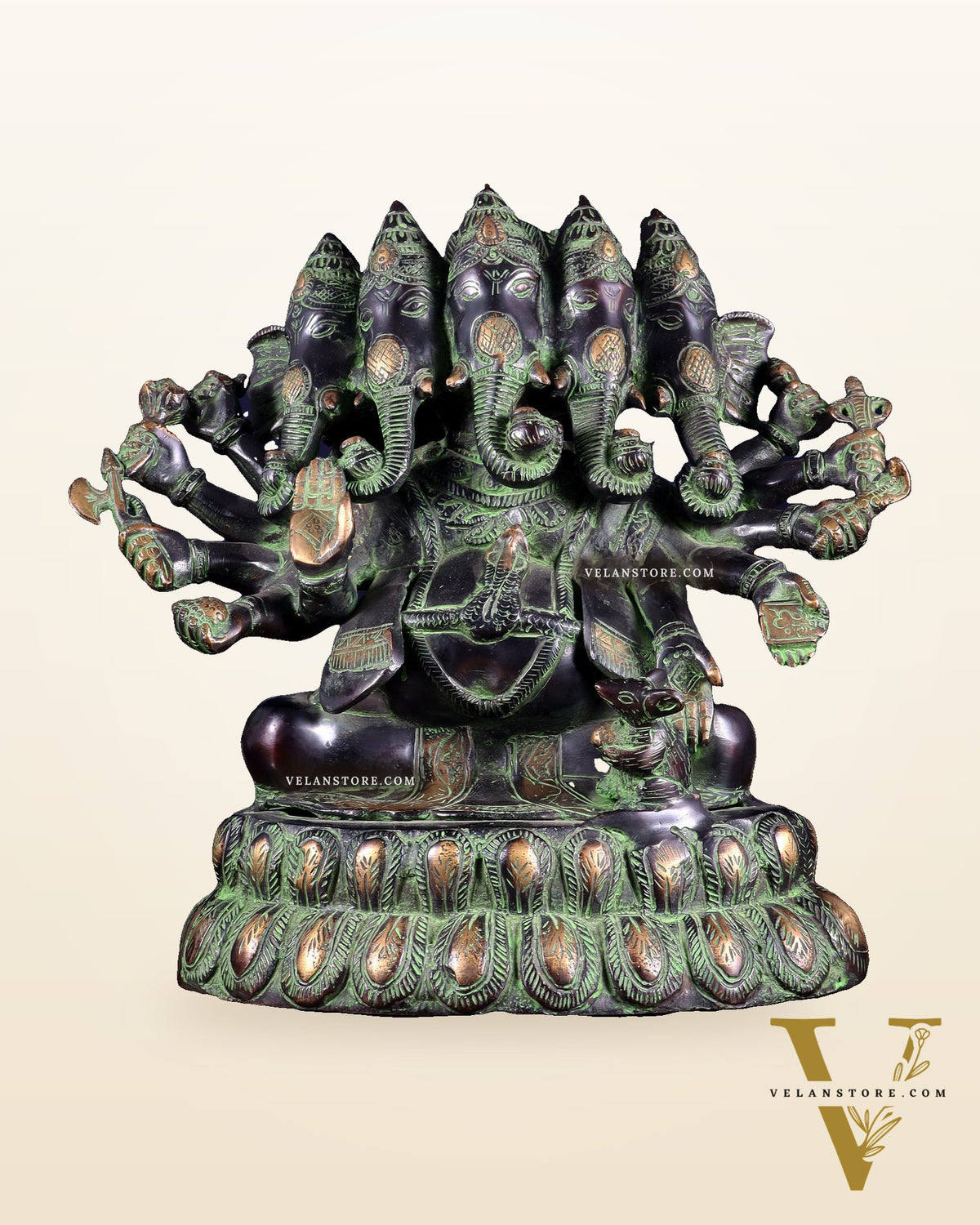 Pure Brass Large Panchmukhi Ganesha Statue - Black Green tone , 13"