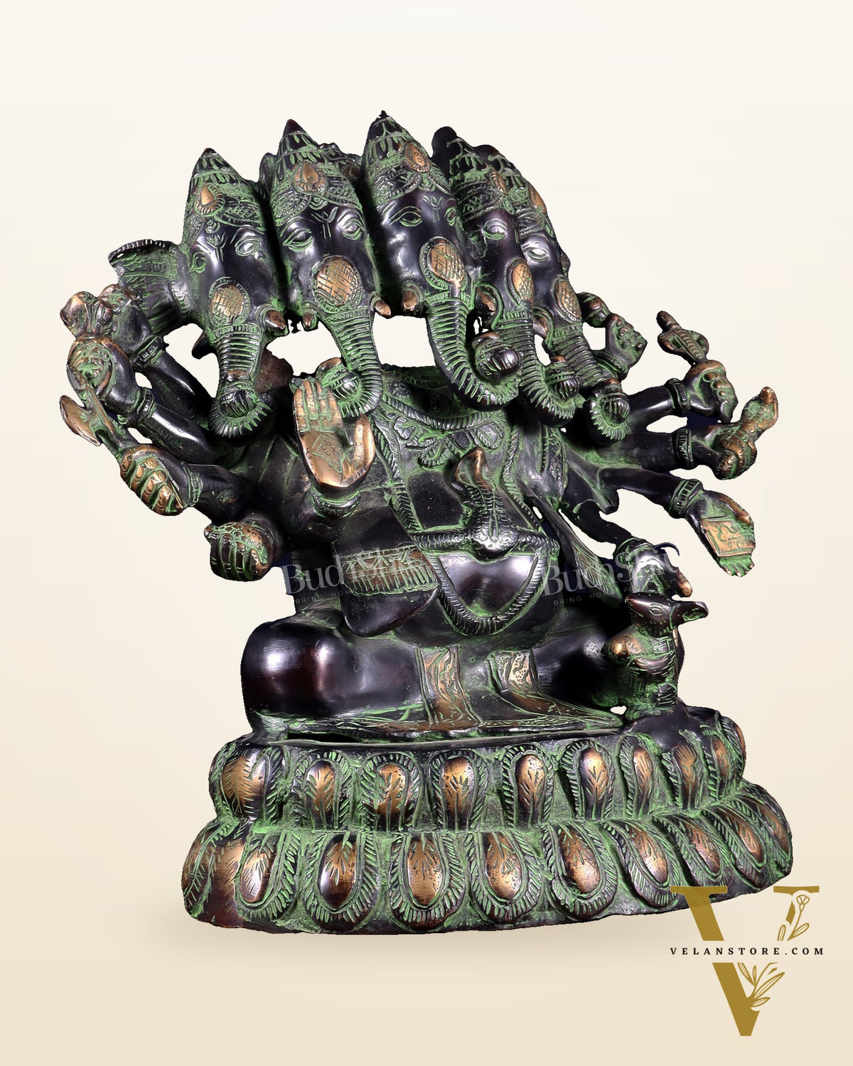 Pure Brass Large Panchmukhi Ganesha Statue - Black Green tone , 13"