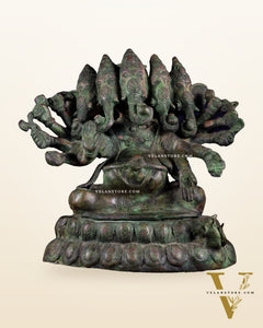 Pure Brass Large Panchmukhi Ganesha Statue - Vintage Green Patina, 13"