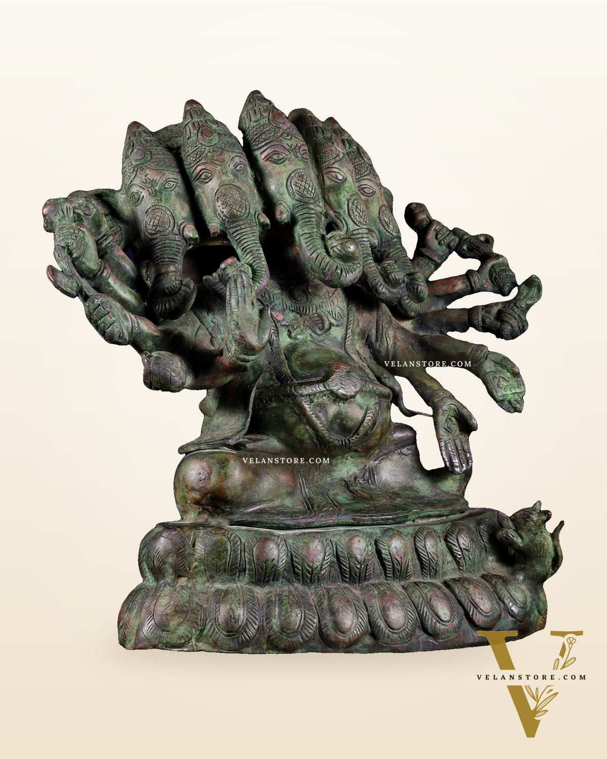 Pure Brass Large Panchmukhi Ganesha Statue - Vintage Green Patina, 13"