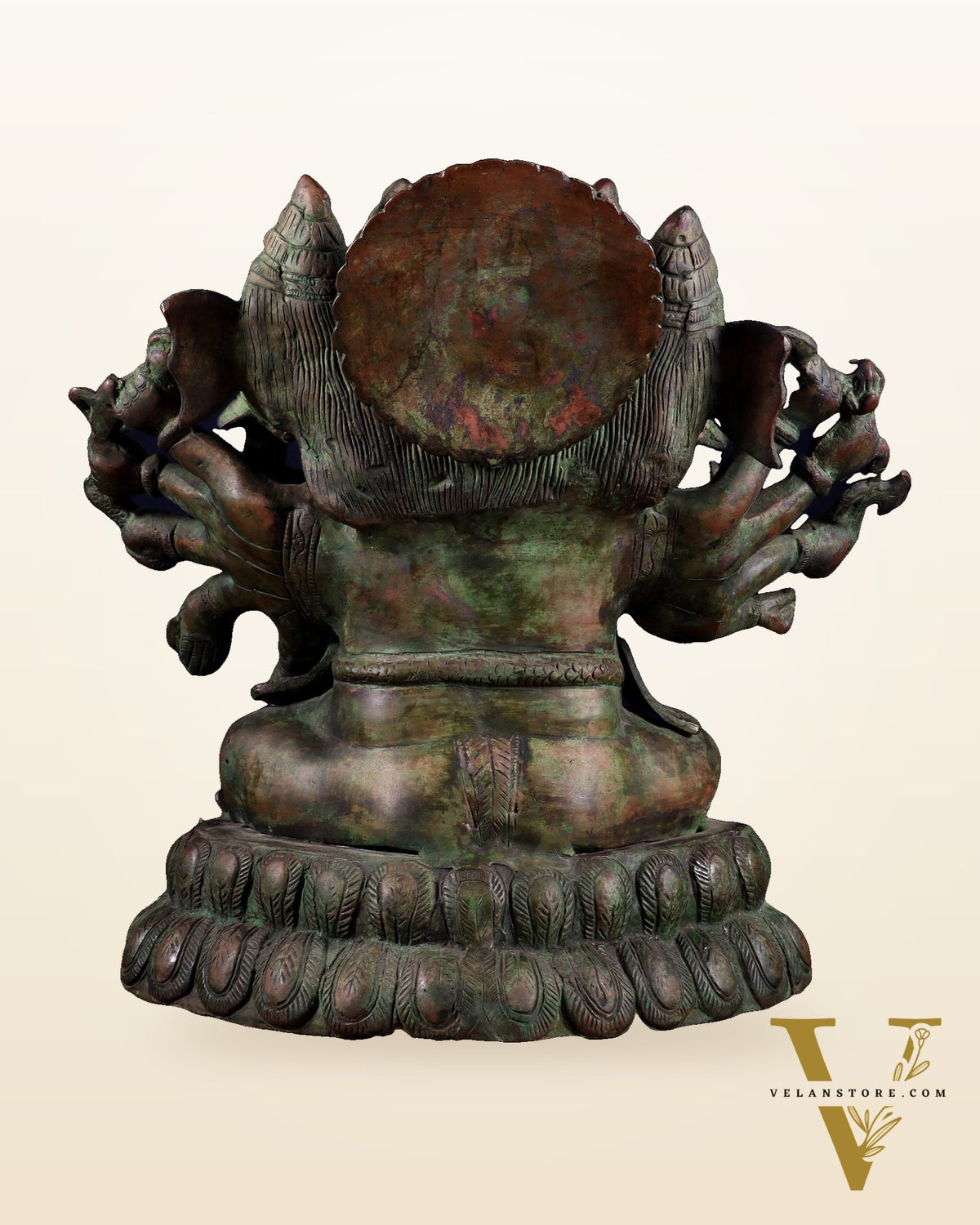 Pure Brass Large Panchmukhi Ganesha Statue - Vintage Green Patina, 13"