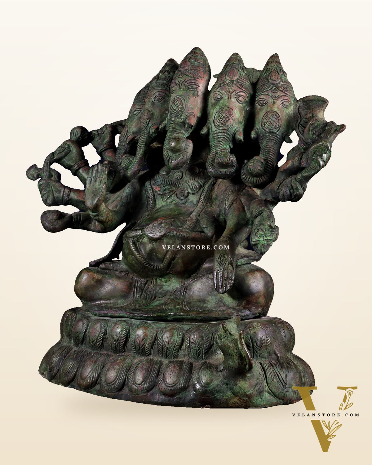 Pure Brass Large Panchmukhi Ganesha Statue - Vintage Green Patina, 13"