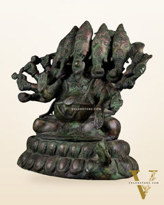 Pure Brass Large Panchmukhi Ganesha Statue - Vintage Green Patina, 13"