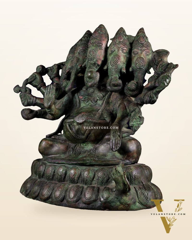 Pure Brass Large Panchmukhi Ganesha Statue - Vintage Green Patina, 13"