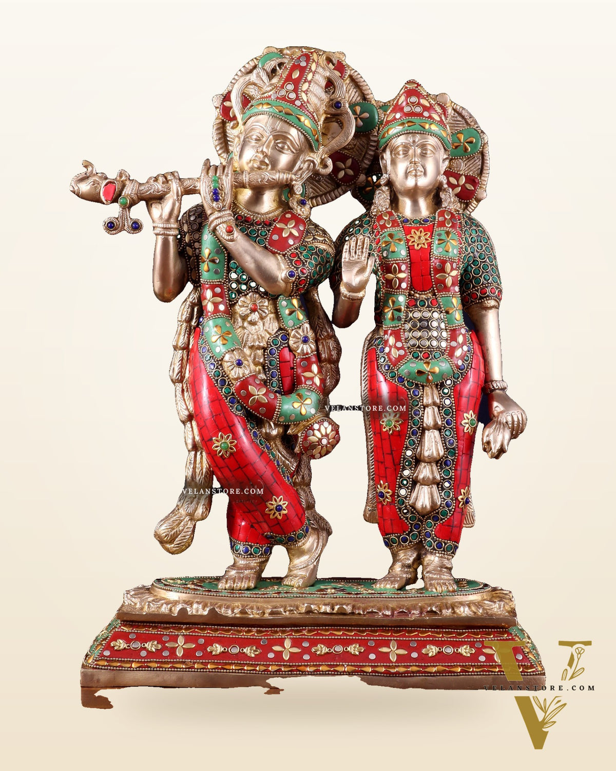 Pure Brass Large Radha Krishna Statue with Meenakari Stonework | 17 Inch