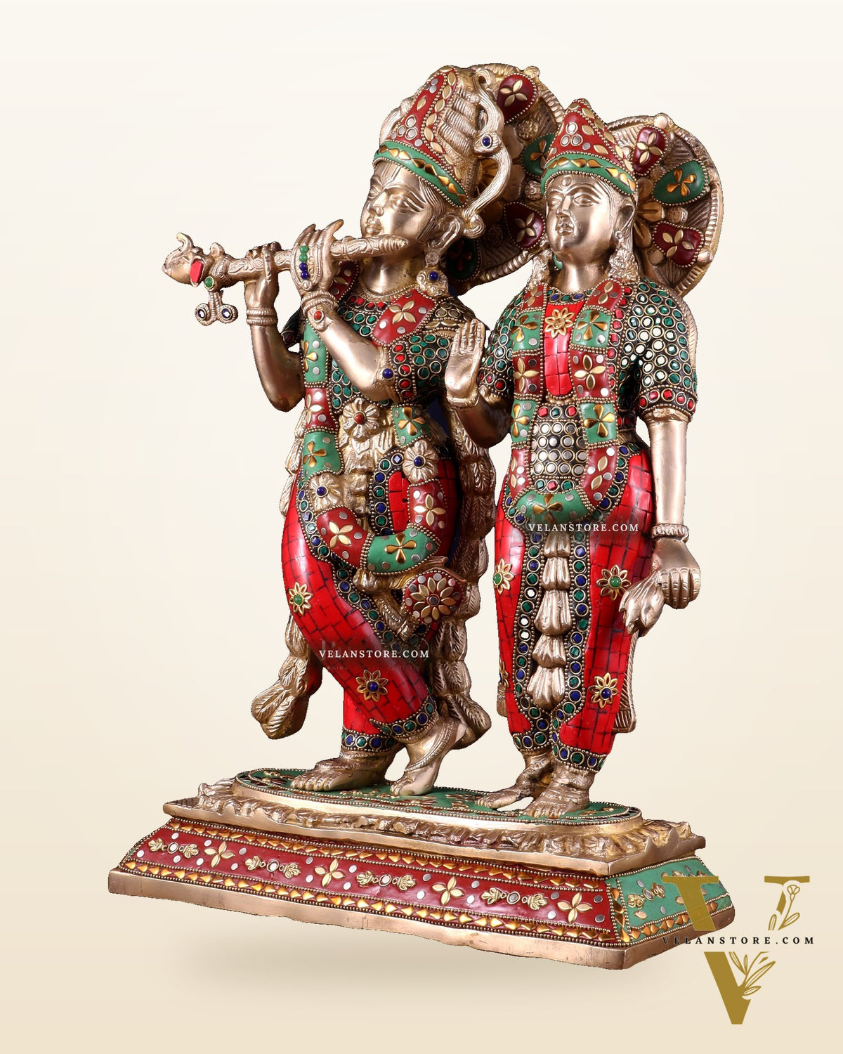 Pure Brass Large Radha Krishna Statue with Meenakari Stonework | 17 Inch