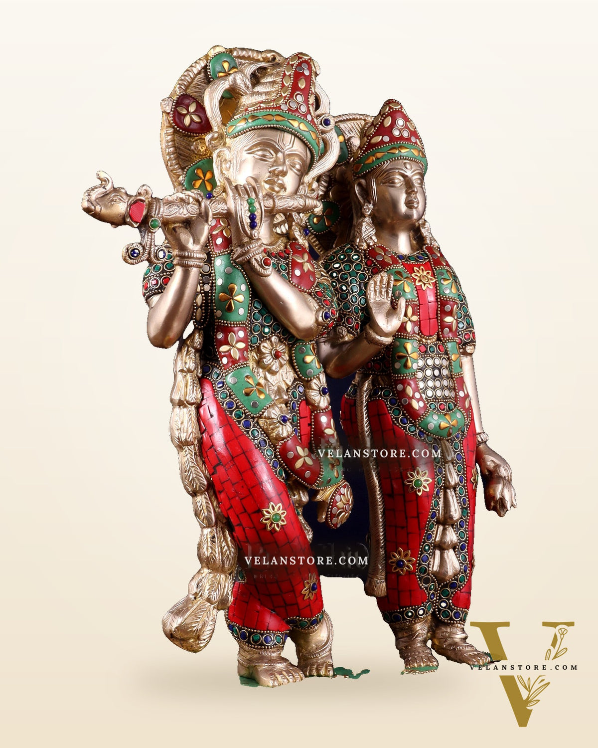 Pure Brass Large Radha Krishna Statue with Meenakari Stonework | 17 Inch