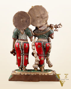 Pure Brass Large Radha Krishna Statue with Meenakari Stonework | 17 Inch