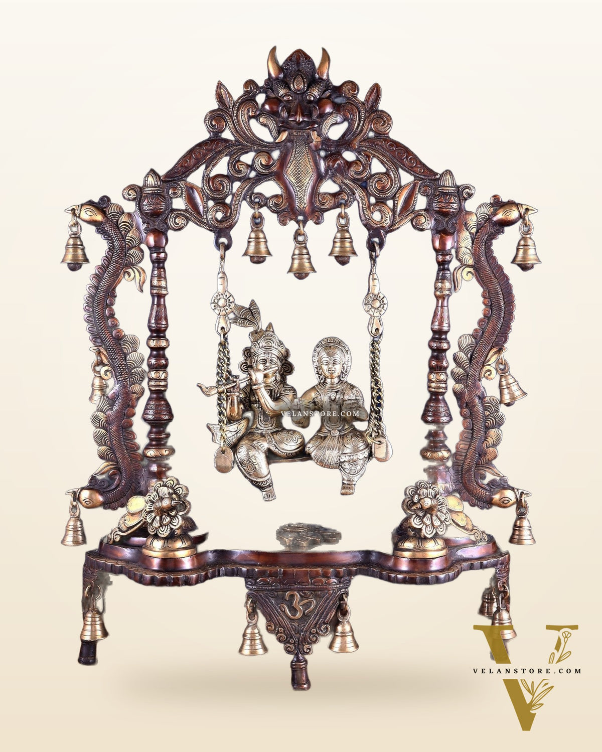 Pure Brass Large Radha Krishna Swing Jhoola – Dual Tone Double Chola Finish 30"