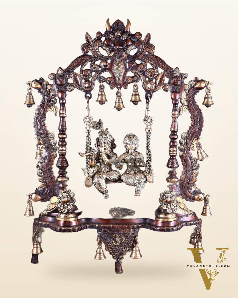 Pure Brass Large Radha Krishna Swing Jhoola – Dual Tone Double Chola Finish 30"