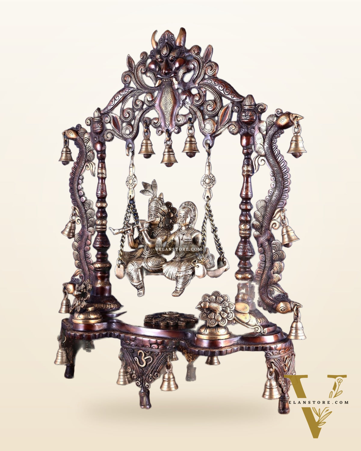 Pure Brass Large Radha Krishna Swing Jhoola – Dual Tone Double Chola Finish 30"