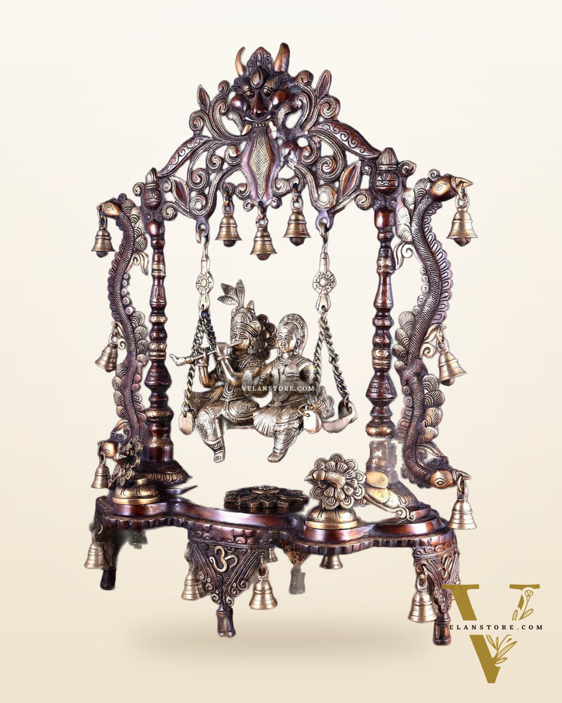 Pure Brass Large Radha Krishna Swing Jhoola – Dual Tone Double Chola Finish 30"
