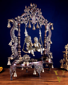 Pure Brass Large Radha Krishna Swing Jhoola – Dual Tone Double Chola Finish 30"