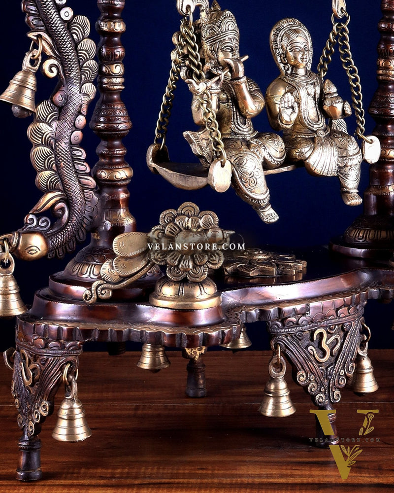 Pure Brass Large Radha Krishna Swing Jhoola – Dual Tone Double Chola Finish 30"