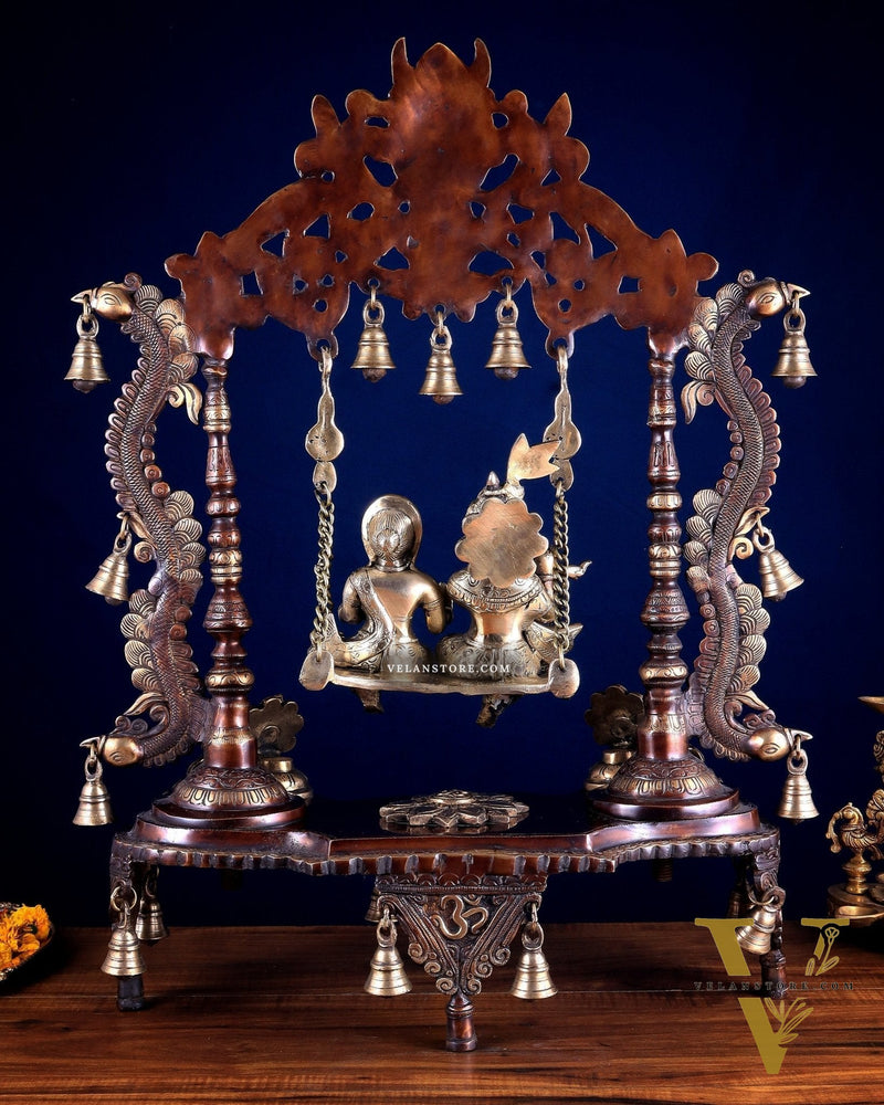Pure Brass Large Radha Krishna Swing Jhoola – Dual Tone Double Chola Finish 30"