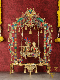 Pure Brass Large Radha Krishna Swing Jhoola with Meenakari Work - 30"