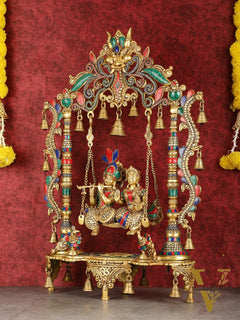 Pure Brass Large Radha Krishna Swing Jhoola with Meenakari Work - 30"