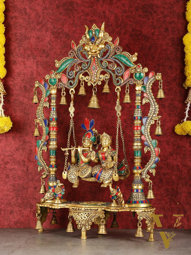 Pure Brass Large Radha Krishna Swing Jhoola with Meenakari Work - 30"