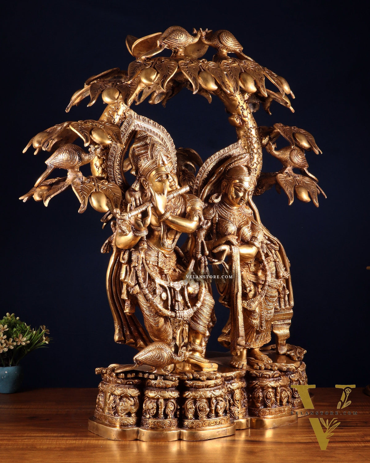 Pure Brass Large Radha Krishna Under Tree Sculpture 30"