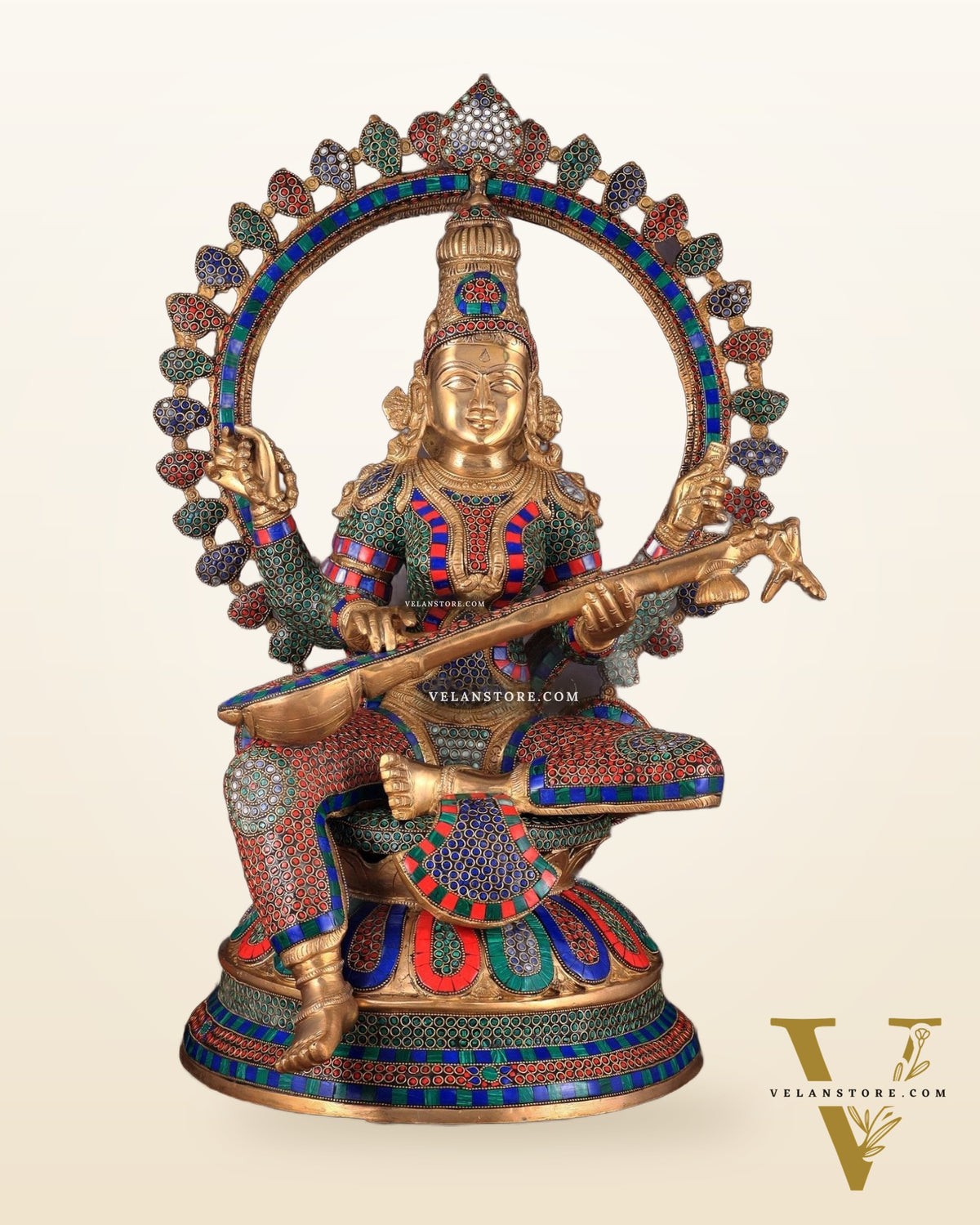 Pure Brass Large Saraswati Devi Statue with Meenakari Stonework – 27"
