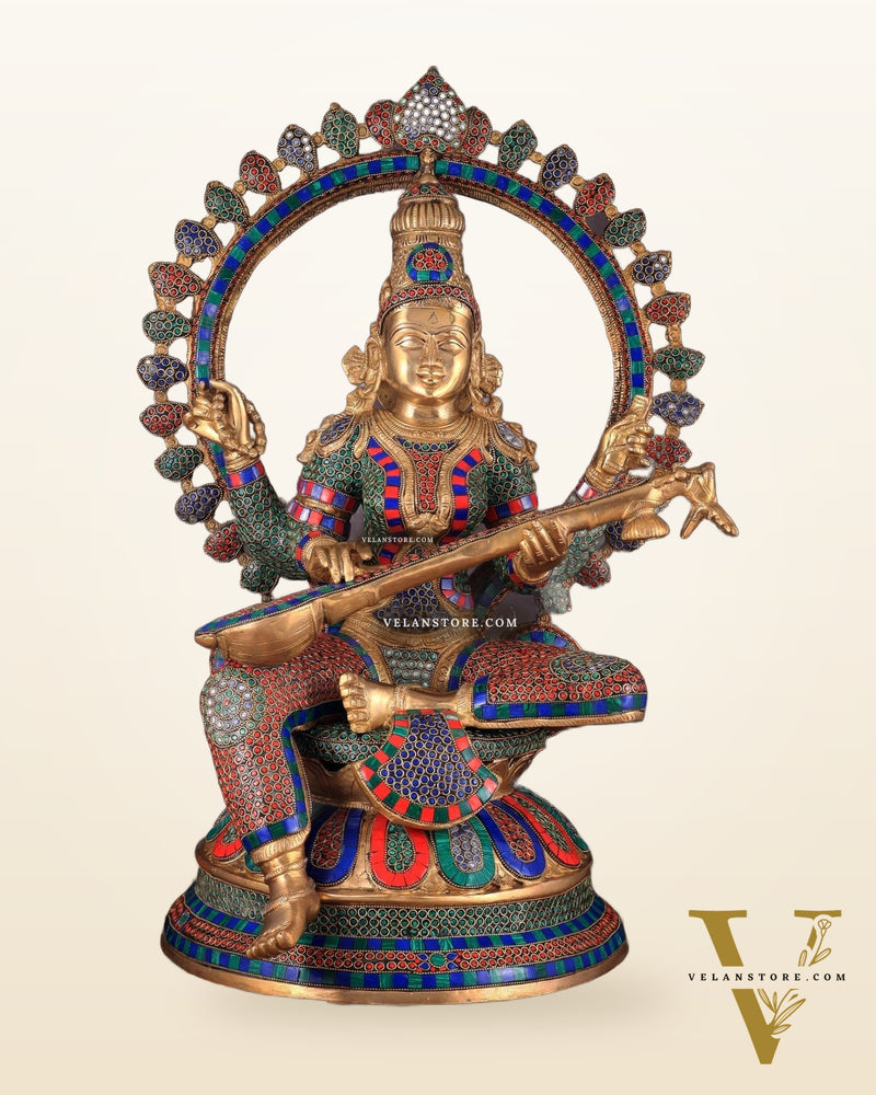 Pure Brass Large Saraswati Devi Statue with Meenakari Stonework – 27"