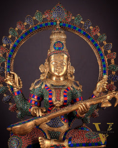 Pure Brass Large Saraswati Devi Statue with Meenakari Stonework – 27"