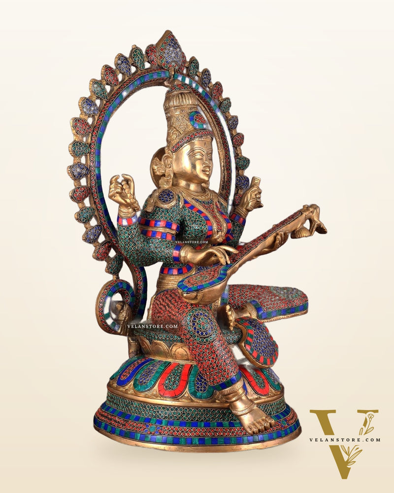 Pure Brass Large Saraswati Devi Statue with Meenakari Stonework – 27"