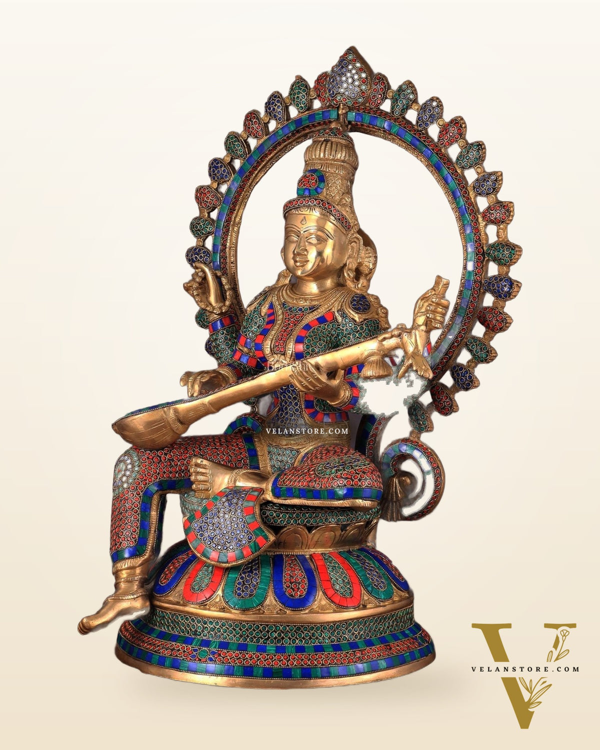 Pure Brass Large Saraswati Devi Statue with Meenakari Stonework – 27"