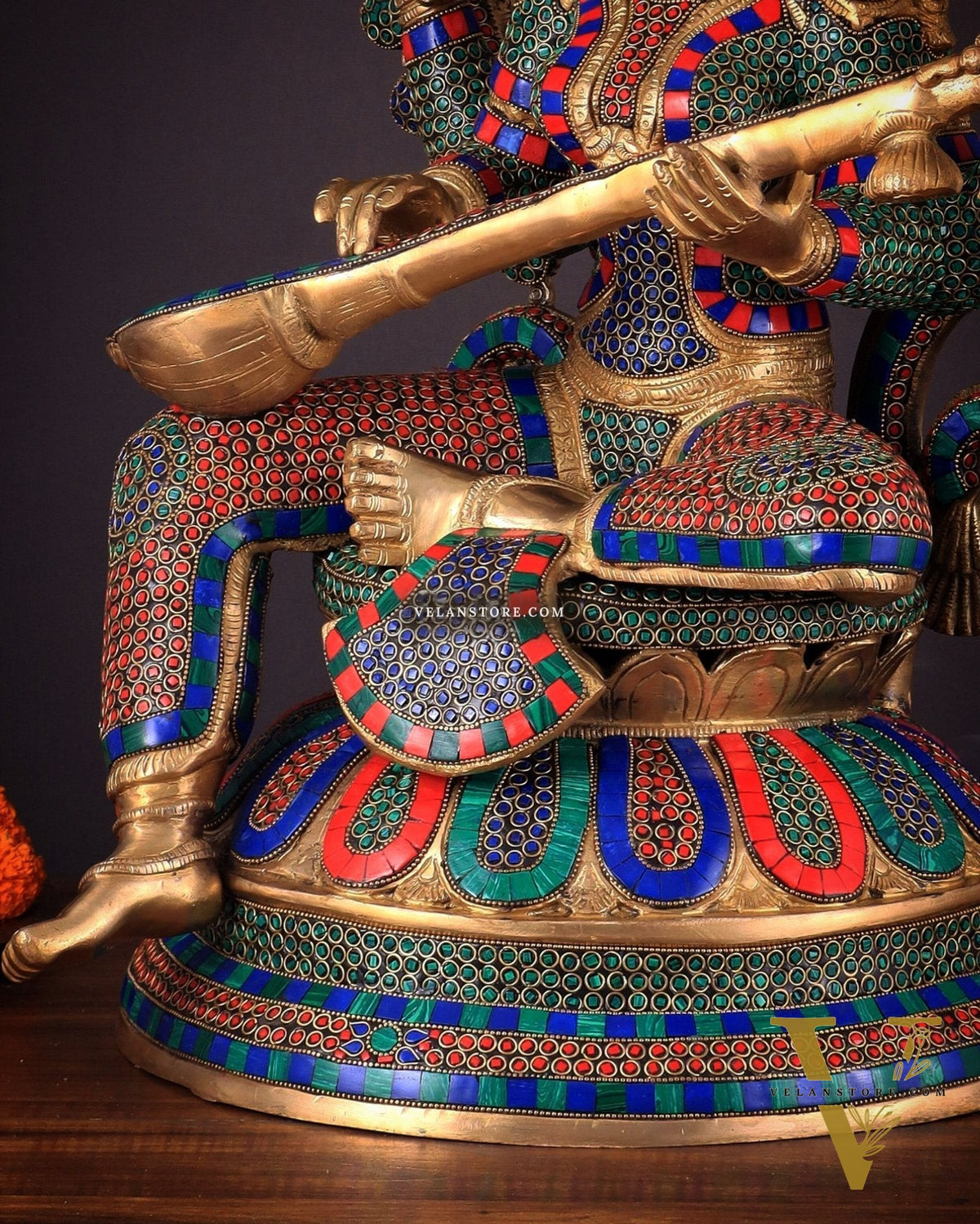 Pure Brass Large Saraswati Devi Statue with Meenakari Stonework – 27"