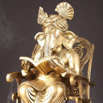 Pure Brass Large Sized Ganapati Seated on Chair Reading Book | 24"