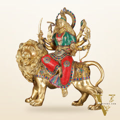 Pure Brass Large-Sized Goddess Durga Sherawali Mata Murti - 27 inch