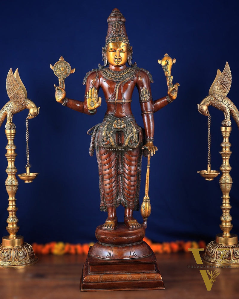 Pure Brass Large Standing Lord Vishnu Narayana Statue – Chola Dual Tone 37"