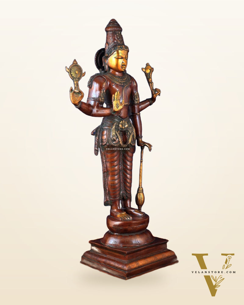 Pure Brass Large Standing Lord Vishnu Narayana Statue – Chola Dual Tone 37"