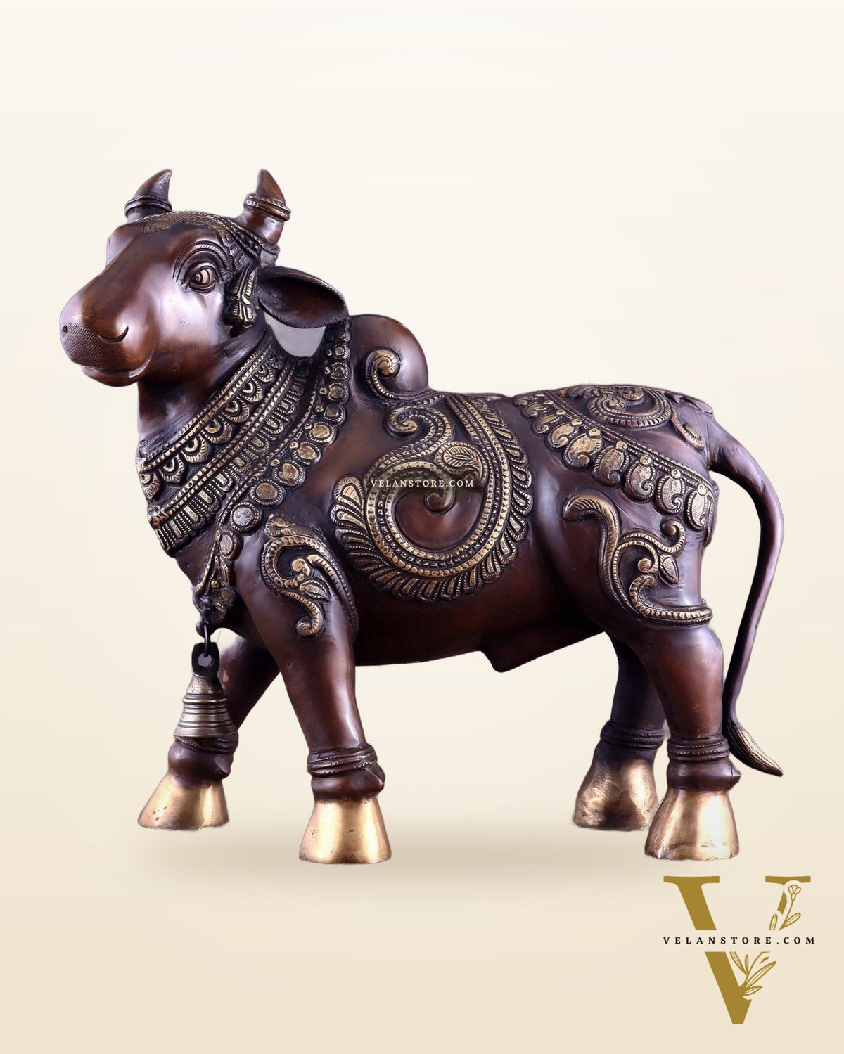 Pure Brass Large Standing Nandi Fully Engraved Sculpture  14" copper tone