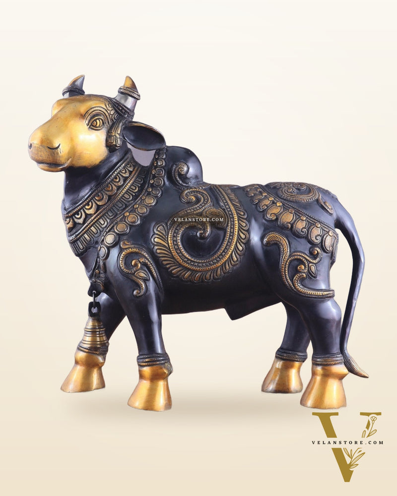 Pure Brass Large Standing Nandi Fully Engraved Sculpture  14" black edition