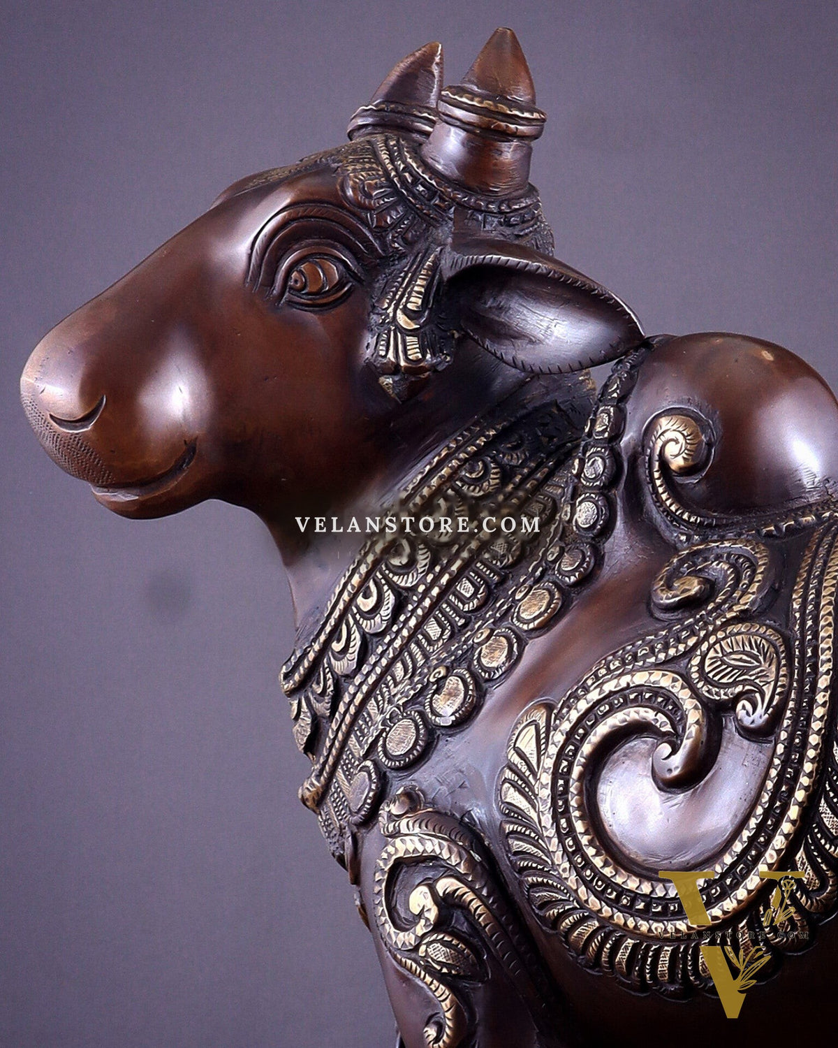 Pure Brass Large Standing Nandi Fully Engraved Sculpture  14" copper tone