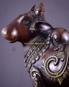 Pure Brass Large Standing Nandi Fully Engraved Sculpture  14" copper tone