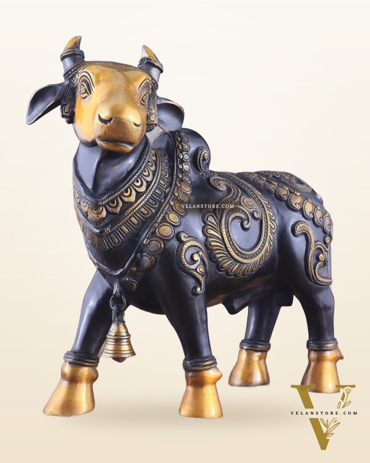Pure Brass Large Standing Nandi Fully Engraved Sculpture  14" black edition