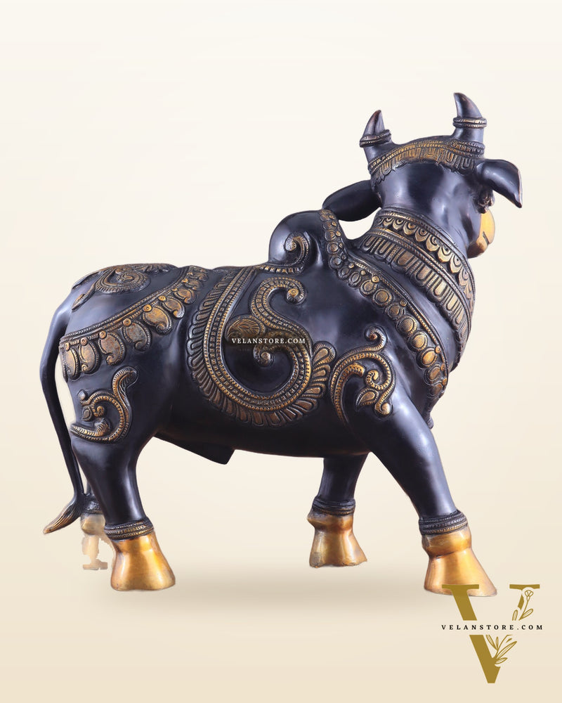 Pure Brass Large Standing Nandi Fully Engraved Sculpture  14" black edition
