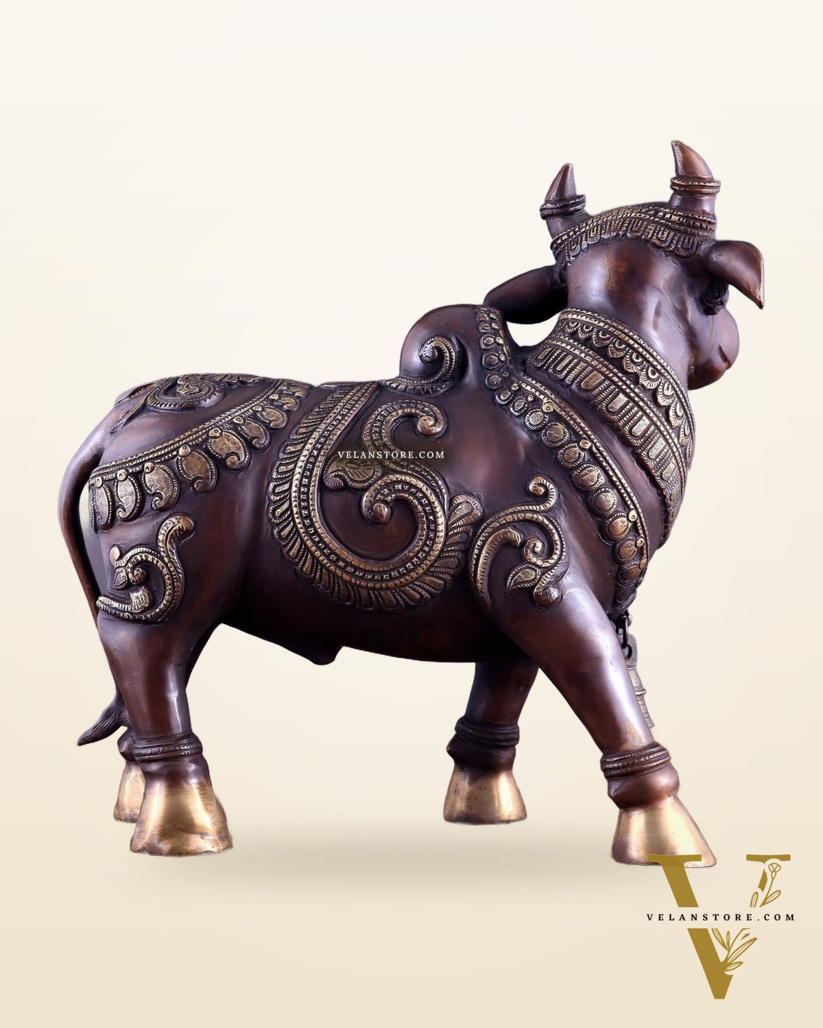 Pure Brass Large Standing Nandi Fully Engraved Sculpture  14" copper tone