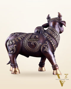 Pure Brass Large Standing Nandi Fully Engraved Sculpture  14" copper tone