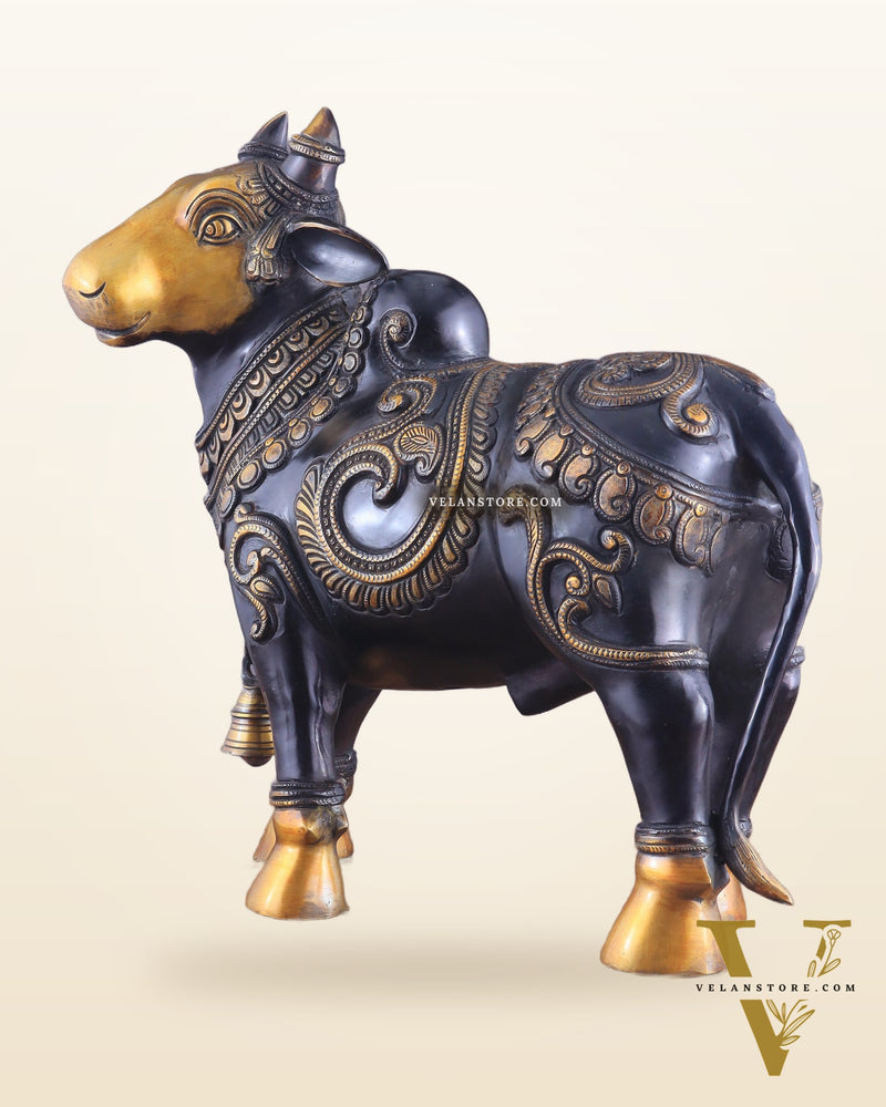 Pure Brass Large Standing Nandi Fully Engraved Sculpture  14" black edition